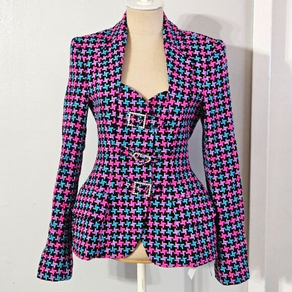 Area Women's Cutout Crystal Buckle  Houndstooth Hourglas Tweed Blazer Size:4 NWT - Picture 3 of 16